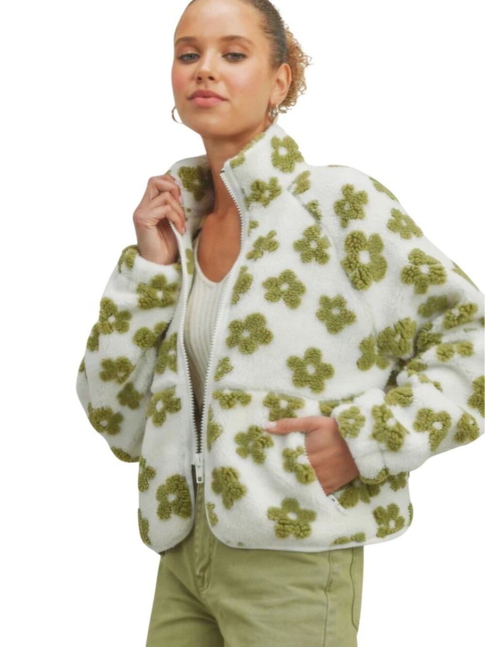 NWOT Daisy Flower Pattern Fleece Sherpa Full Zip Jacket Butter Melon Size S